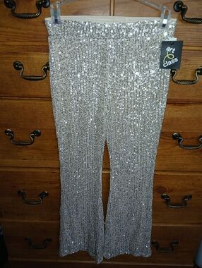 Girls Silver Sequin Flare Pants: Size 10-12